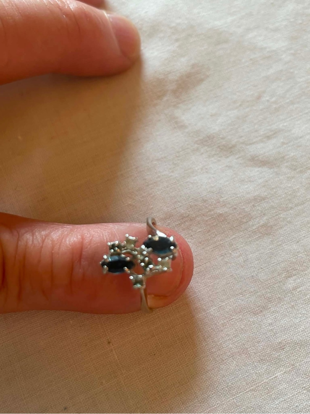Sterling Silver Floral Ring with Blue Marquise Stones